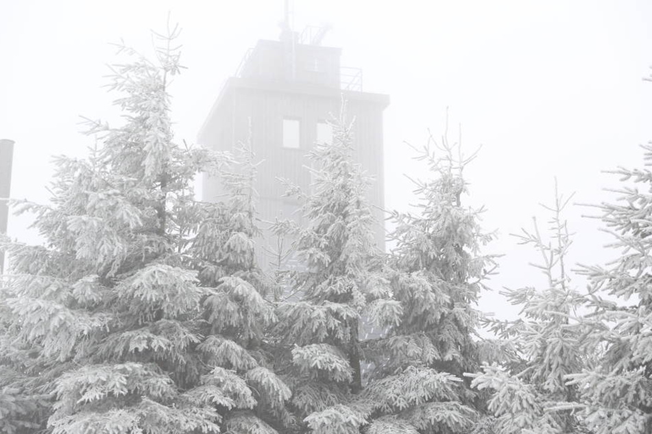 Neblig und einige Zentimeter Neuschnee: So sieht es aktuell auf dem Fichtelberg aus.