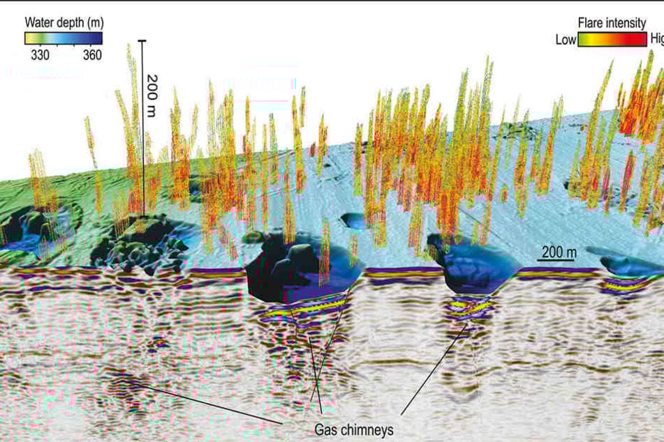 Die von der Arktis-Universität im norwegischen Tromsø zur Verfügung gestellte Grafik zeigt riesige Krater auf dem Meeresboden der Barentssee.