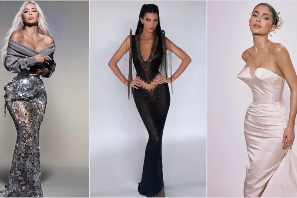 Kim Kardashian (l.), Kylie Jenner (r.), and Kendall Jenner (c.) brought florals, metallics, and skin-tight dresses to this year's Met Gala.