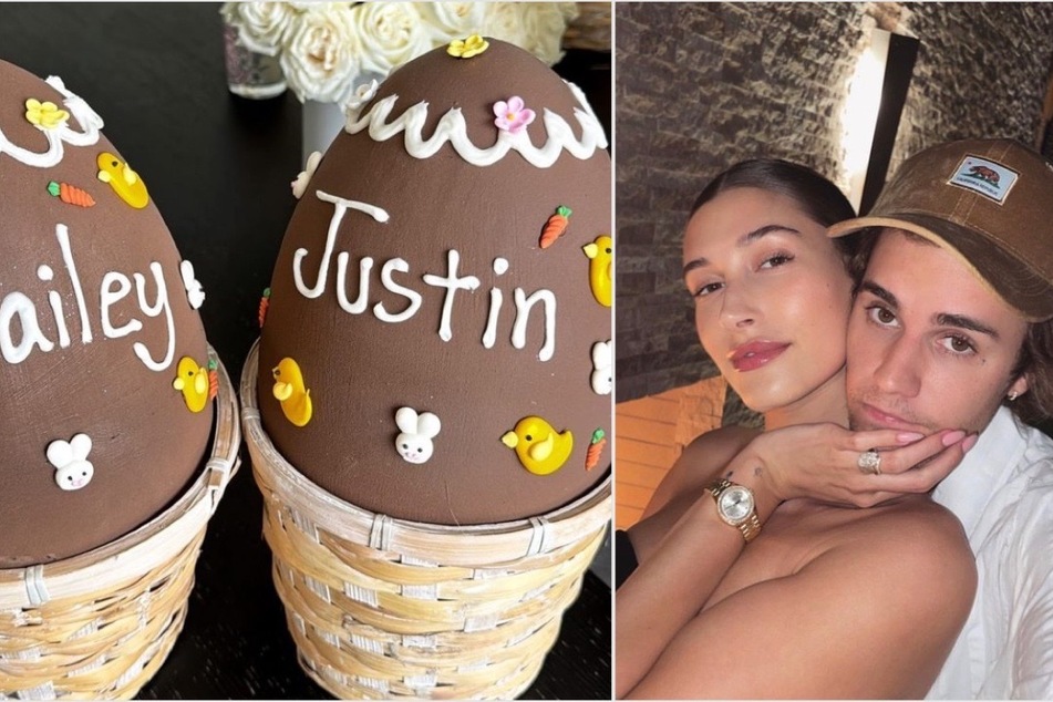 Hailey Bieber shared a sweet look at her Easter fun with her husband, Justin (r.), on her Instagram story.