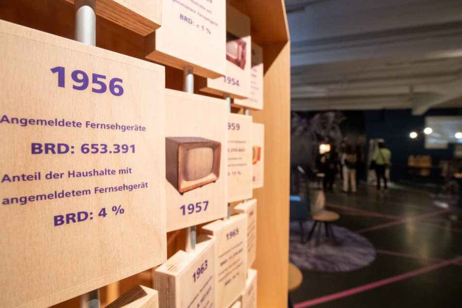 Eine Installation der Ausstellung in Nürnberg informiert über die Verbreitung des Fernsehens von 1952 bis 1972.