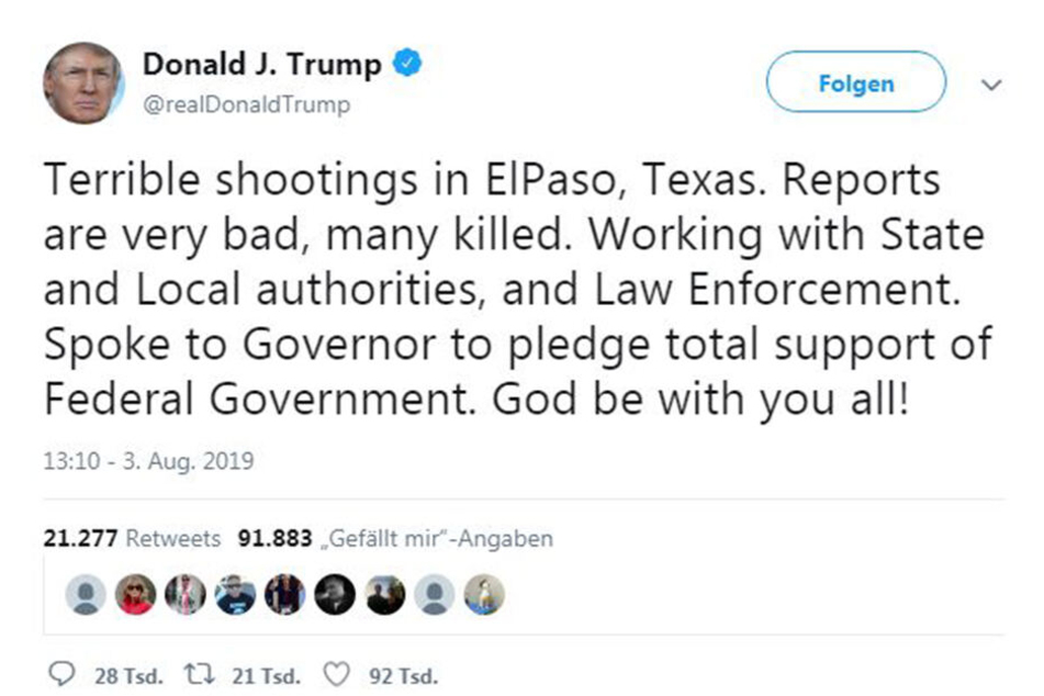 Auch der amerikanische Präsident, Donald Trump, meldete sich viaTwitter zu Wort und drückte seine Bestürzung aus.