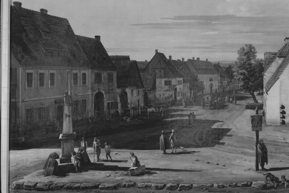 Festgehalten dank Bernardo Bellotto alias Canaletto (1722-1780): Die Postsäule einst auf der Breiten Straße in Pirna.