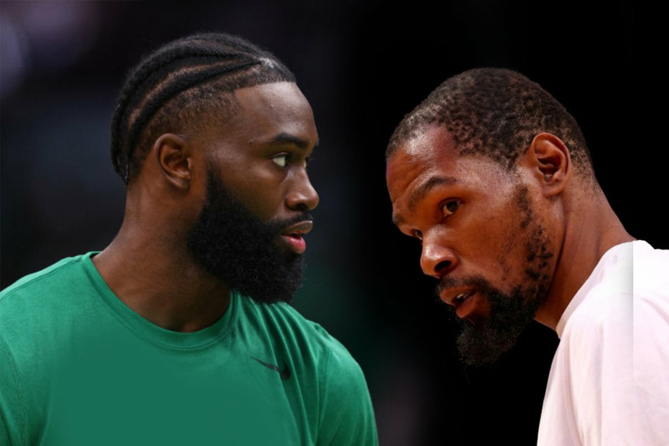 The Boston Celtics are willing to trade Jaylen Brown (l.) to get the Brooklyn Nets' Kevin Durant.