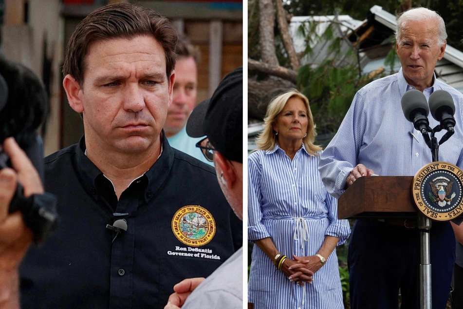 Florida Governor Ron DeSantis (l.) and President Joe Biden both spoke to the press after the damage of Hurricane Idalia in Florida.