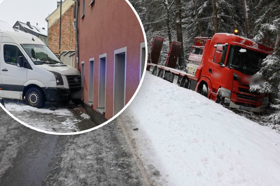 Winter-Unfälle in Sachsen: Laster rutscht von Straße, Transporter knallt gegen Hauswand