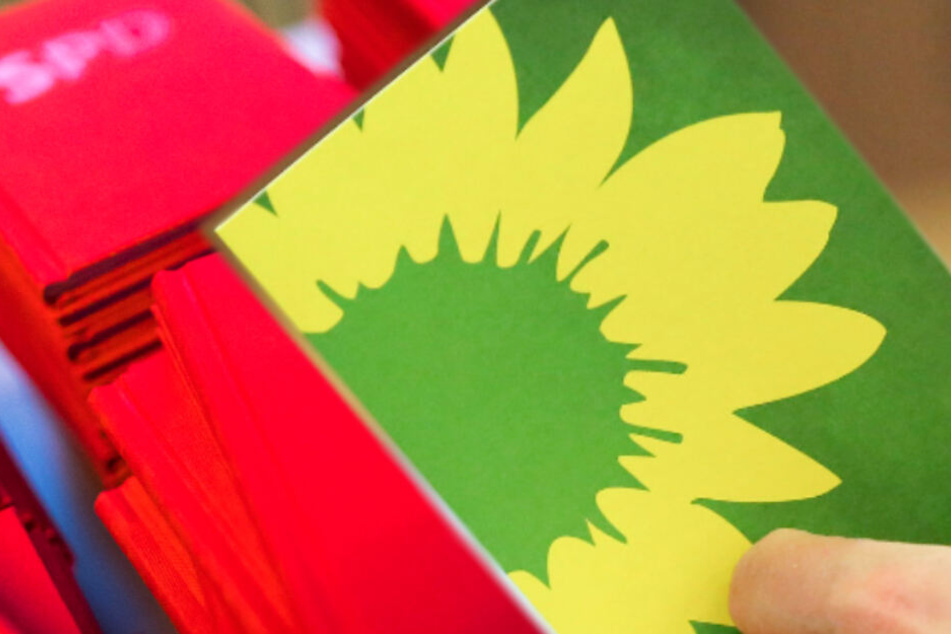 Die Bildkombo zeigt neue Parteibücher der SPD neben einer Stimmkarte von Bündnis 90/Die Grünen.