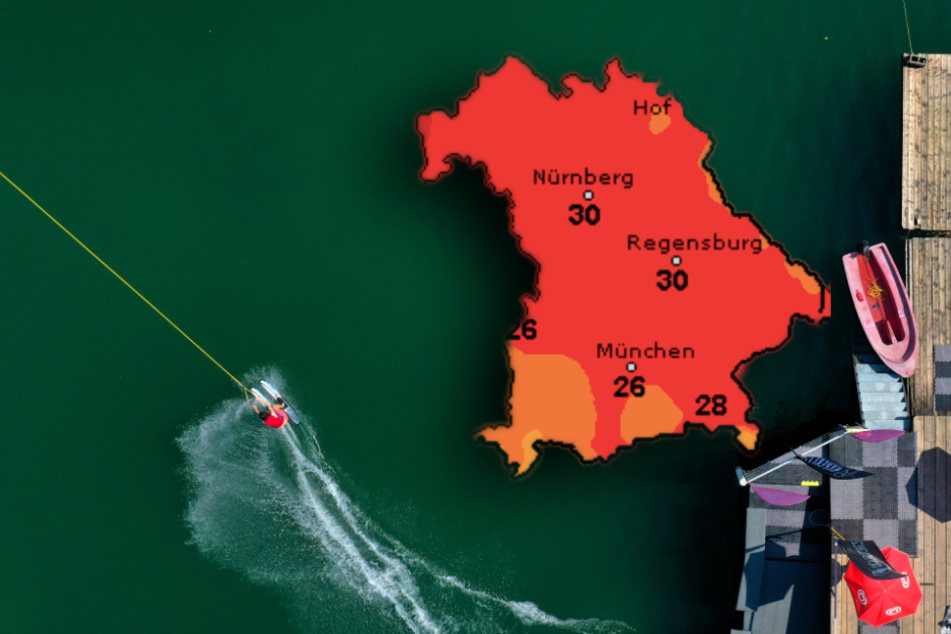 Bei sommerlichen Temperaturen macht Wasserskifahren (Luftaufnahme) gleich noch mehr Spaß. (Bildmontage)