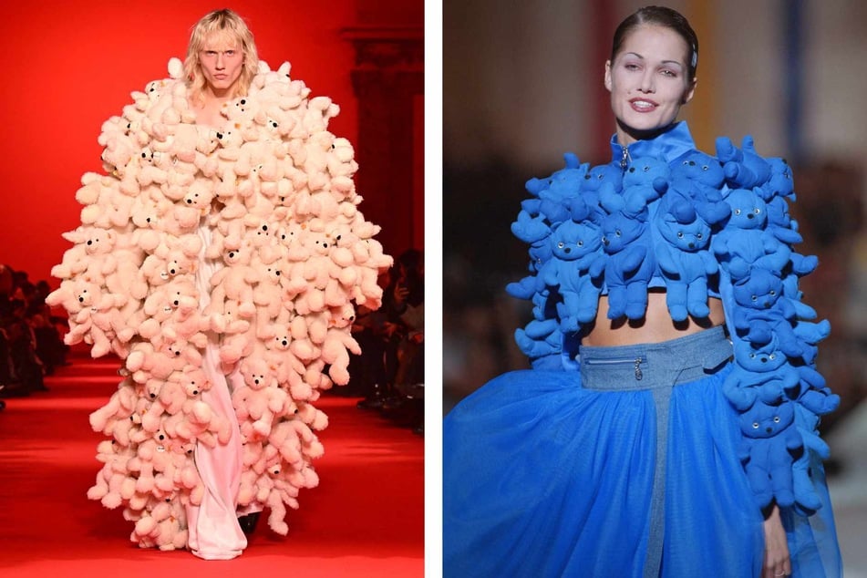 Vetements featured bold teddy bear coats (l.) on the runway of Paris Fashion Week 2024. Vogue pointed out the similarities between the designs and the work of Jean-Charles de Castelbajac (r.) in the 1980s and '90s.