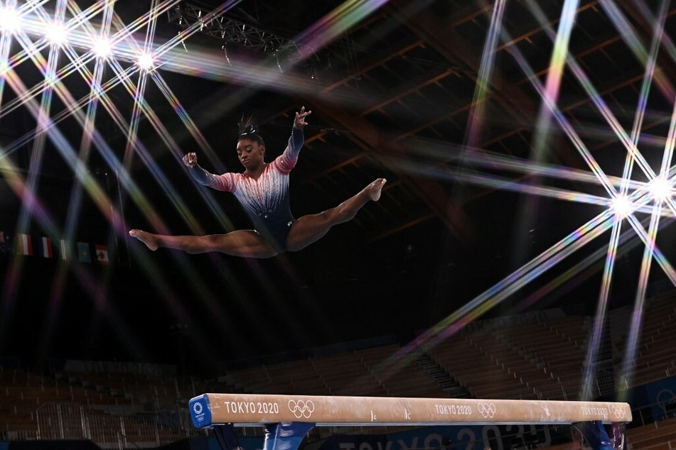 Simone Biles at the beam finals at the 2021 Tokyo Olympics.