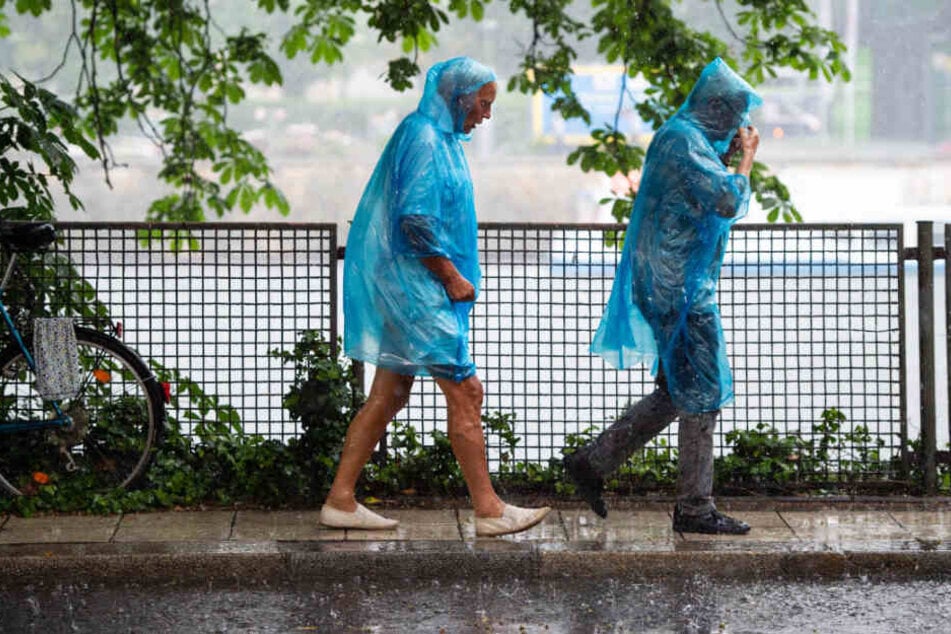 Eine Frau und ein Mann laufen in blauen Regencapes durch den Regen.