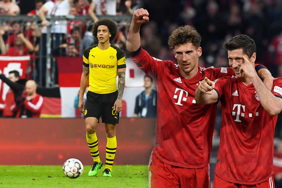 Bayerns Leon Goretzka (M.) und Robert Lewandowski (r.) bejubeln das Tor zum 5:0-Endstand, während BVB-Sechser Axel Witsel nicht fassen kann, was in diesem Spiel passiert ist. (Bildmontage)
