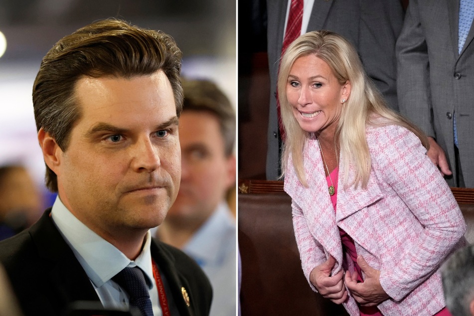 Congresswoman Marjorie Taylor Greene has been arguing with fellow Rep. Matt Gaetz (l.) over who should take credit for the Joe Biden impeachment inquiry.