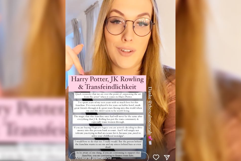In einer Instagram-Story schloss sich Josimelonie (29) der Forderung nach einem "Harry Potter"-Boykott an.
