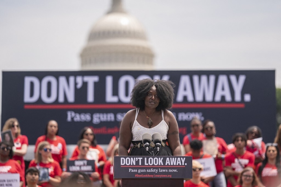 Zeneta Everhart speaks about her son Zaire Goodman, who was shot but survived in the Buffalo mass shooting, during the Moms Demand Action Gun Violence Rally on June 8, 2022, in Washington DC.