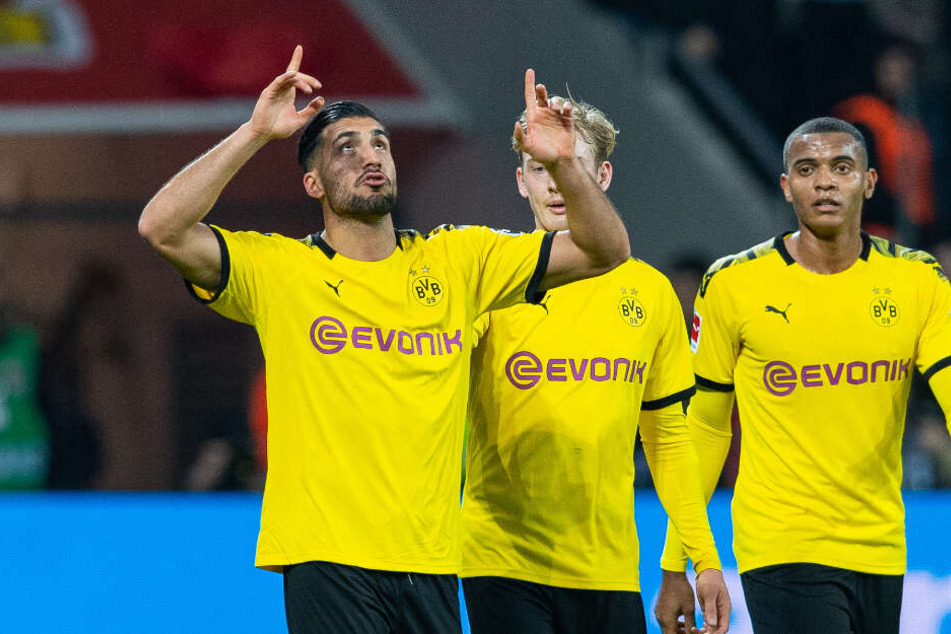 Emre Can jubelt über einen Treffer. Neben ihm die Team-Kollegen Julian Brandt und Manuel Akanji.