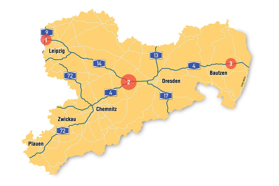 Auf allen Autobahnen in Sachsen lauern derzeit Bau- und damit potenzielle Staustellen. Die drei größten Staufallen sind auf der A9 bei Leipzig (1), auf der A4 zwischen Nossen und Dresden (2) und ebenfalls auf der A4 kurz vor Görlitz am Tunnel Königshainer Berge (3).