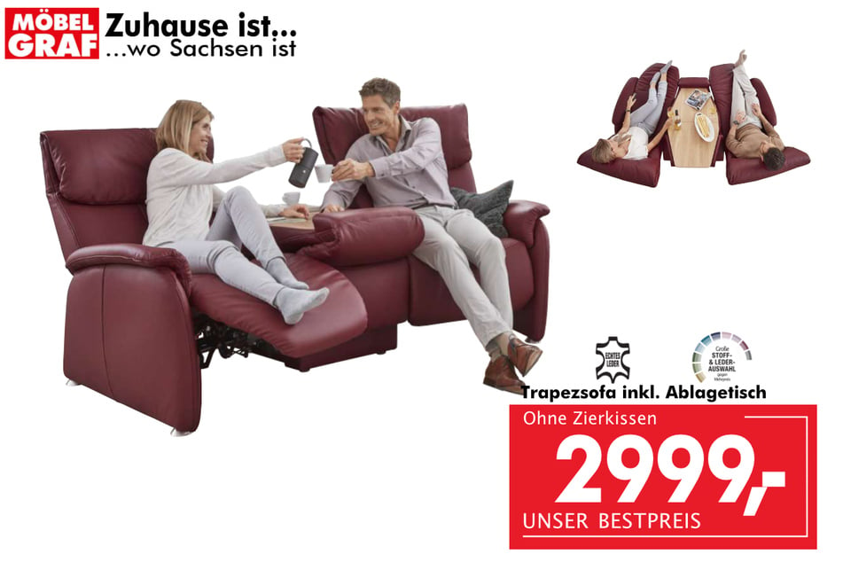 Trapezsofa inkl. Ablagetisch (mit Schmetterlings-Technik) für 2.999 Euro.