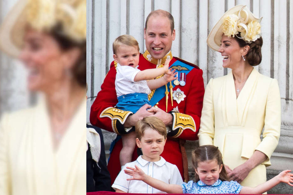 Prinz Louis (1) auf dem Arm von Papa William (37), Prinz George (6), Prinzessin Charlotte (4) und Herzogin Kate (37).
