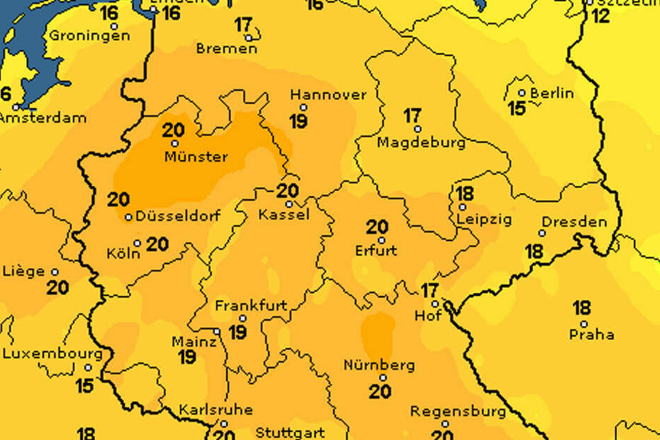 Die Karte von wetteronline.de zeigt: Am Freitag klettern die Temperaturen bis auf 20 Grad.