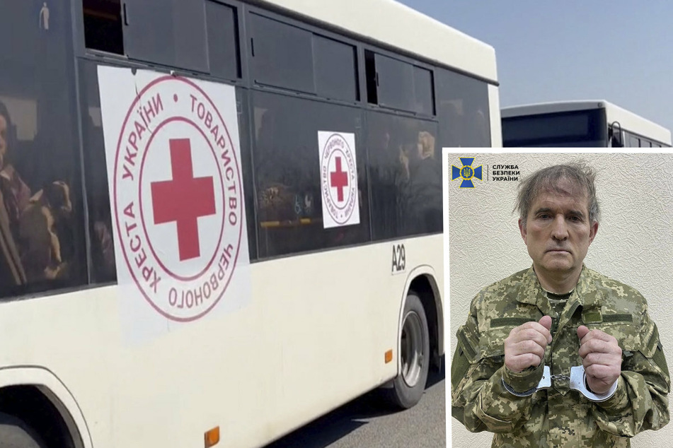 Evacuees have been fleeing Ukraine on humanitarian bus routes out of besieged cities. Meanwhile, pro-Russian Ukrainian politician Viktor Medvedchuk is seen in handcuffs (inset r.) while being detained by security forces in Ukraine. (Press service of State Security Service of Ukraine/Handout via REUTERS)