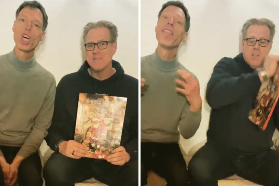 Martin Schneider (l.) sagt ein Gedicht auf, während Norbert Heisterkamp (r.) versucht, die Türchen seines Adventskalenders zu öffnen.
