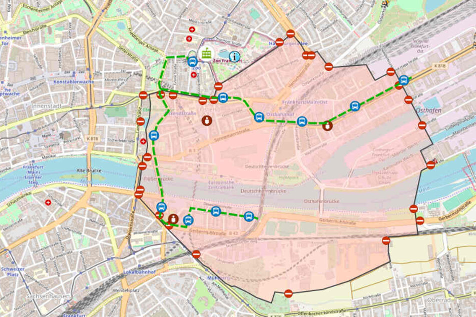 Der Screenshot zeigt eine Grafik der Feuerwehr Frankfurt. Die Evakuierungszone ist rot markiert.