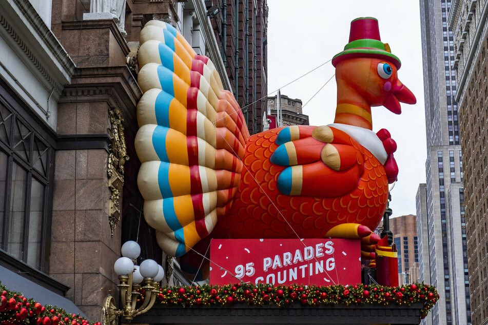 Macy's Herald Square in NYC hoisted a giant turkey in front of its flagship department store this week in preparation for the 95th annual Thanksgiving Day Parade.