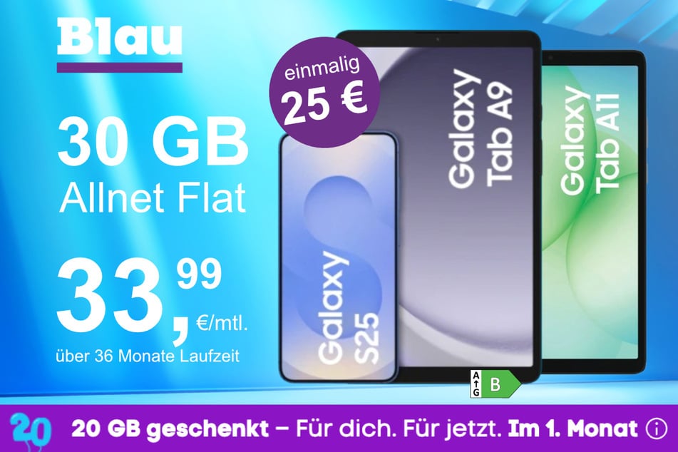 Das Samsung Galaxy S25 + Tab A9 + Tab A11 im Blau Allnet L für einmalig 25 Euro.