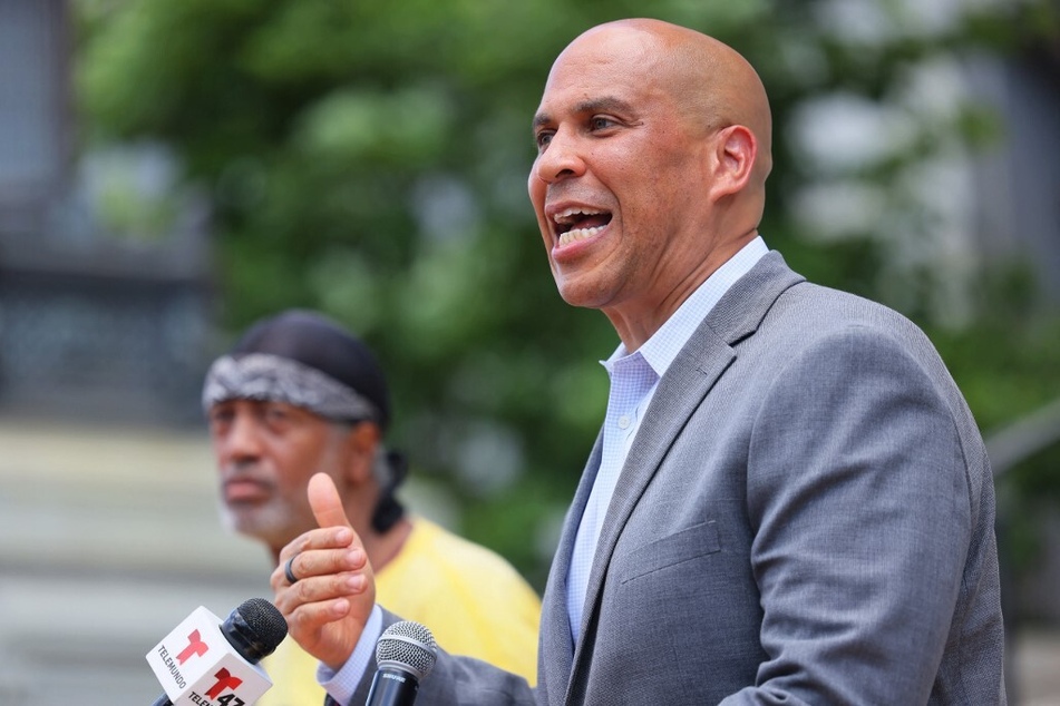 New Jersey Senator Cory Booker speaks during a Juneteenth reparations rally at Newark City Hall on June 17, 2022.