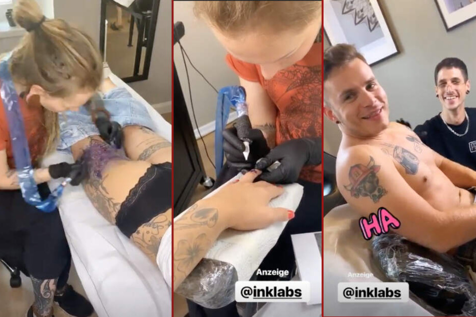 Der einzige Tapfere beim gemeinsamen Tattoo-Trip war ihr neuer Freund Henning Merten. (Bildmontage)