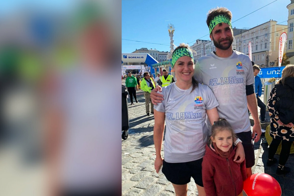 Geschafft, aber glücklich: Niklas Hoheneder (35) mit seiner Schwester Stephanie und Tochter Hilda nach dem erfolgreichen Marathon in Linz. Unter 800 Teilnehmern kam der ehemalige CFC-Kapitän als 439. ins Ziel.