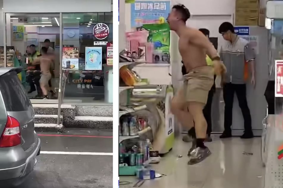 Der halbnackte Mann randalierte in dem taiwanesischen Supermarkt und ging auch auf Polizisten los.