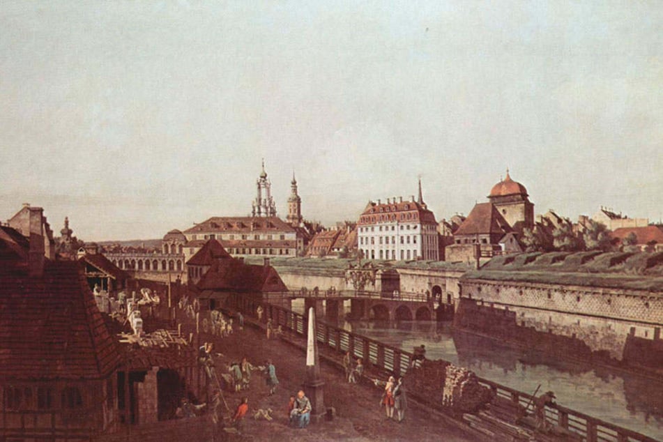 So sah die Festung an der heutigen Wallstraße um 1750 aus, gemalt von Hofkünstler Canaletto. Rechts ungefähr die Stelle, wo nun Teile der Mauer gefunden wurden, links im Hintergrund der Zwinger.