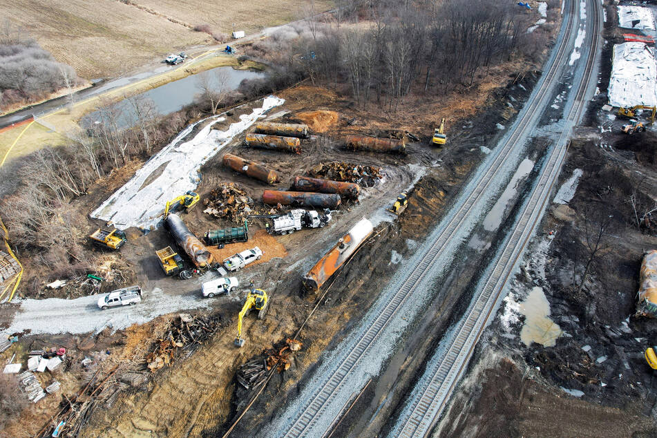 A Norfolk Southern train carrying toxic materials derailed in East Palestine, Ohio, in February 2023.