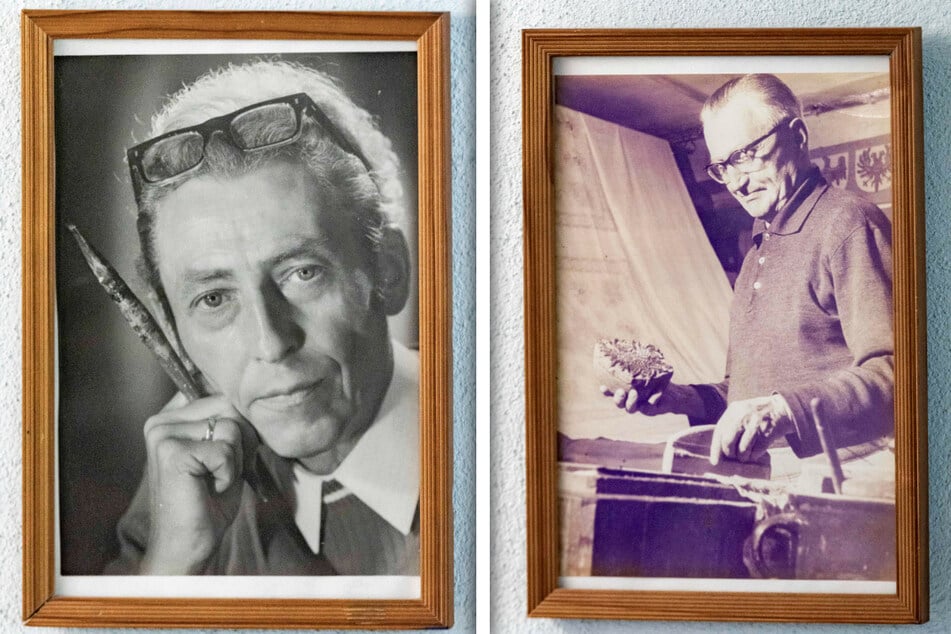 Reppes drei Vorgänger der Blaudruckerzunft: Gerhard Stein (l.) entstammte einer schlesischen Blaudruckerfamilie, siedelte das Gewerbe 1946 in Pulsnitz neu an. Sein Nachfolger Gerhard Hofmann (r.) übergab das Handwerk an Alfred Thieme.