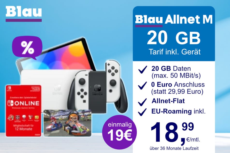Die Nintendo Switch OLED + Mario Kart 8 im Blau Allnet M inkl. 20 GB für einmalig nur 19 Euro.