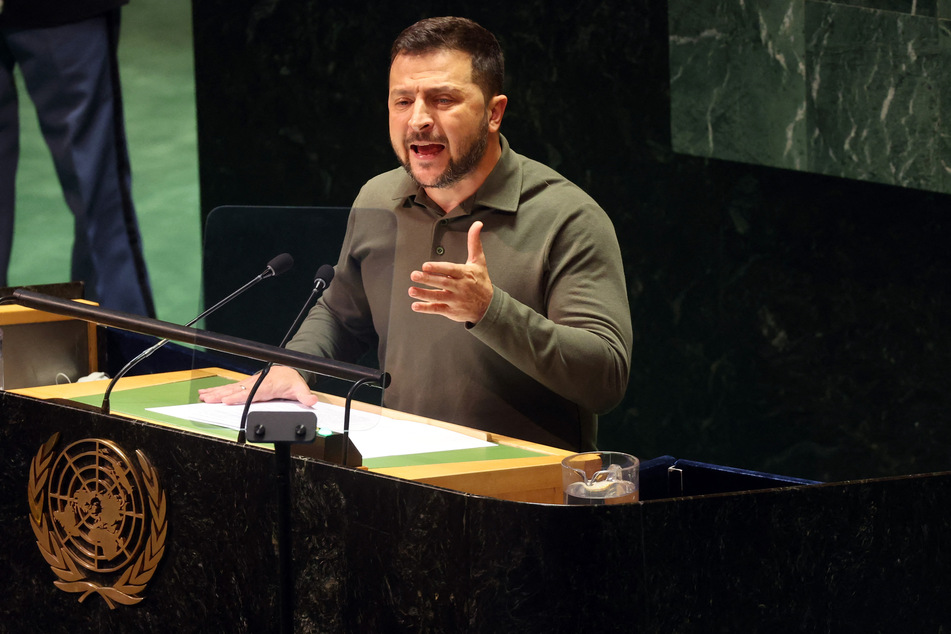 Ukraine President Volodymyr Zelensky addresses world leaders during the UN General Assembly on Tuesday in New York City.