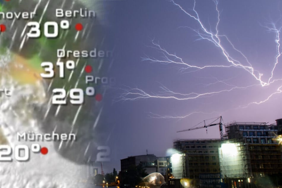 Blitze zucken während eines Gewitters über Berlin.