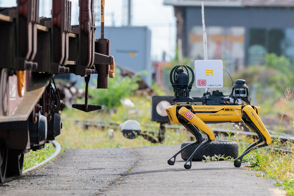 Der Laufroboter "Spot" ist mit hoch entwickelten Kameras, Sensoren und KI zur Identifizierung der Wagen am Güterbahnhof ausgestattet.