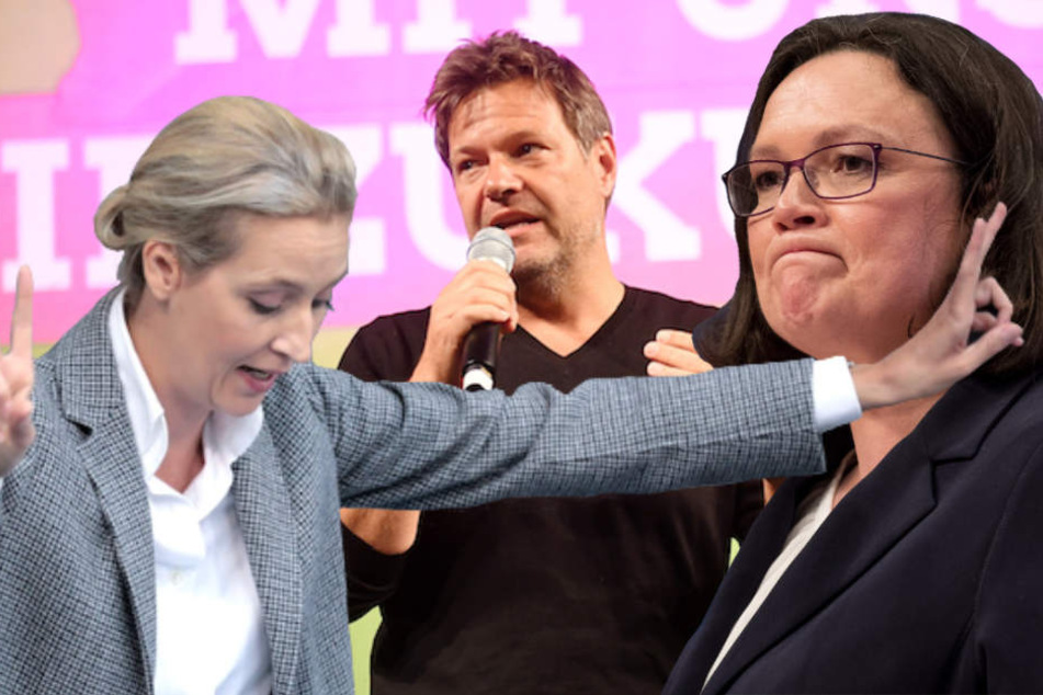 Die Grünen um Co-Chef Robert Habeck (49) und die AfD von Alive Weidel (39) haben die SPD der Vorsitzenden Andrea Nahles (48) überholt. (Bildmontage)