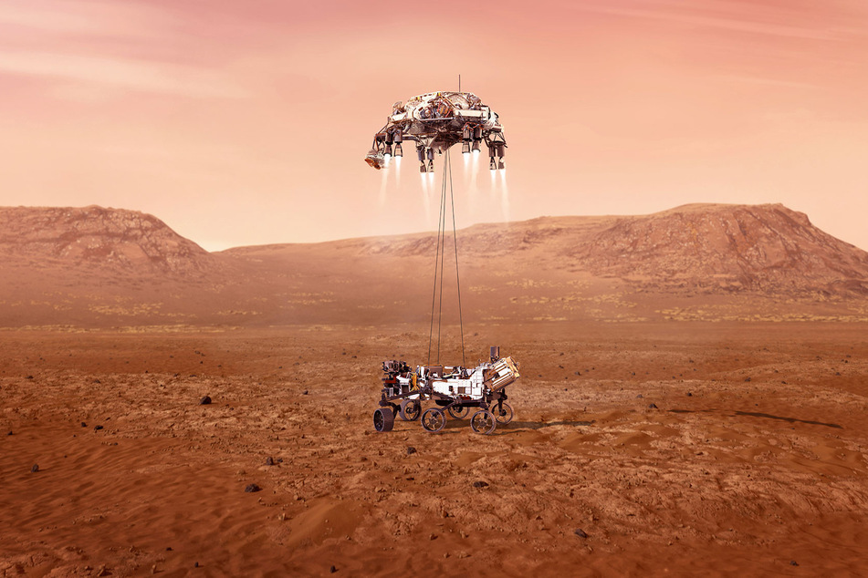 So könnte die Landung des Rovers "Perseverance" auf dem Mars aussehen.