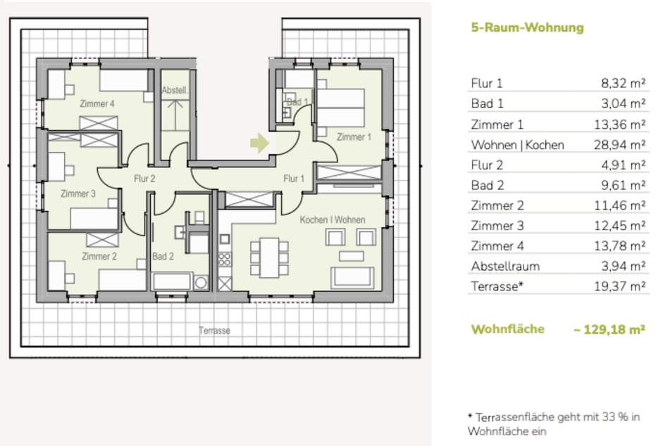 Beispielgrundriss einer attraktiven 5-Raumwohnung.