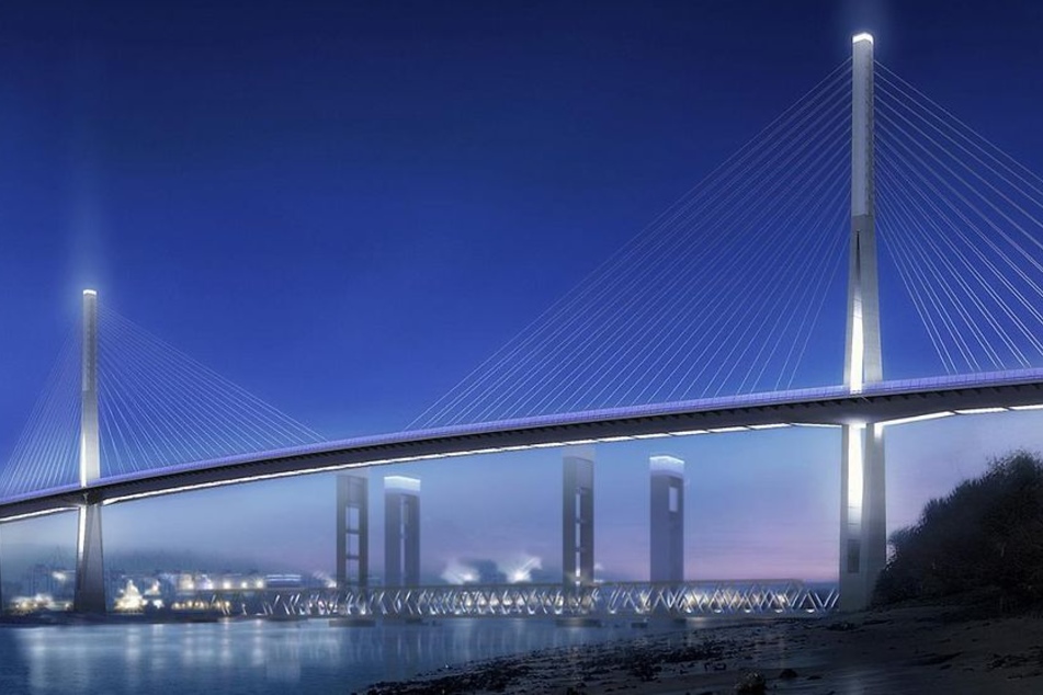 Die geplante Süderelbbrücke soll nach Willen der CDU ein illuminiertes neues Wahrzeichen des Hamburger Südens werden und anders als auf dieser Visualisierung in hellem Licht erstrahlen.