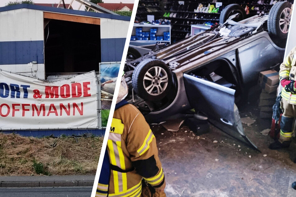 Heftiger Unfall: Opel-Fahrer hebt ab und kracht in drei Metern Höhe in Sportgeschäft!
