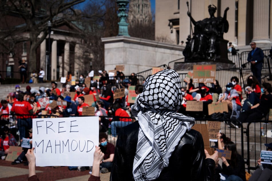 Students stage a walk-out protest at Columbia University’s Low Library steps to condemn the presence of ICE agents on campus and call for the release of Mahmoud Khalil on March 11, 2025.