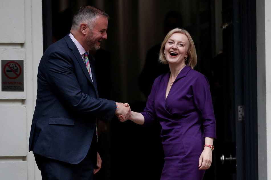 Liz Truss (r.) at the Conservative Party headquarters after her victory in the leadership contest was announced.