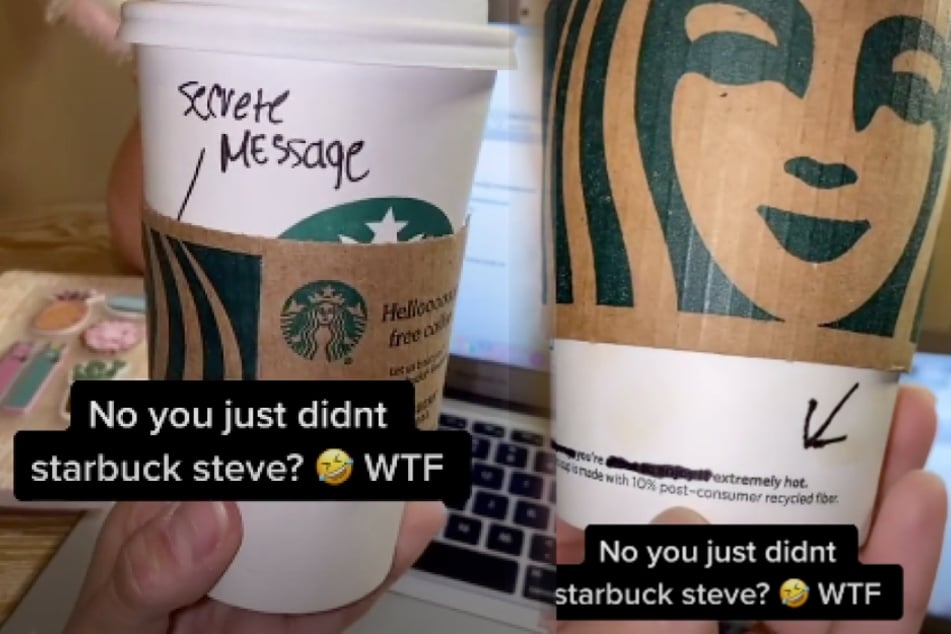 Ashley zeigt ihren Starbucks-Becher, auf dem eine Botschaft für sie versteckt ist.