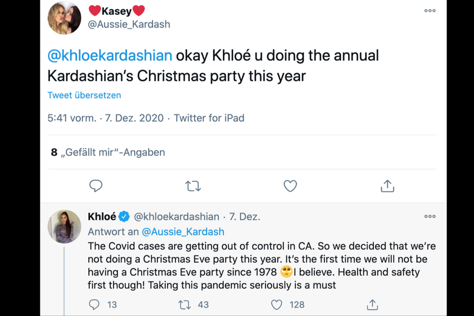 Khloé Kardashian teilte einem Fan auf Twitter mit, dass ihre Familie dieses Jahr keine Weihnachtsfeier veranstalten wird.