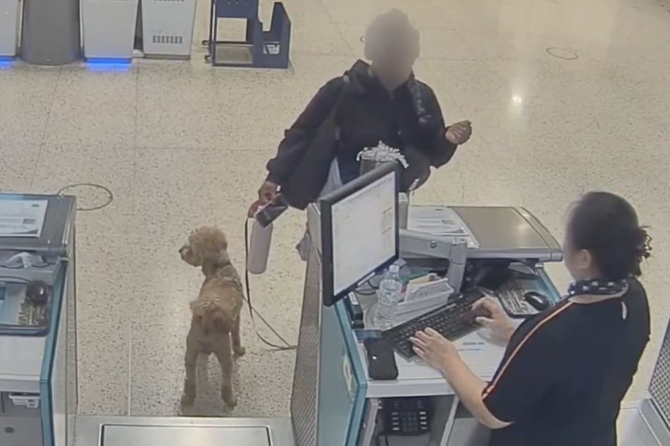 Auf Überwachungsvideos ist zu sehen, wie die Frau mit ihrem Hund einchecken wollte, doch den Vierbeiner kurz darauf anband und einfach verschwand.
